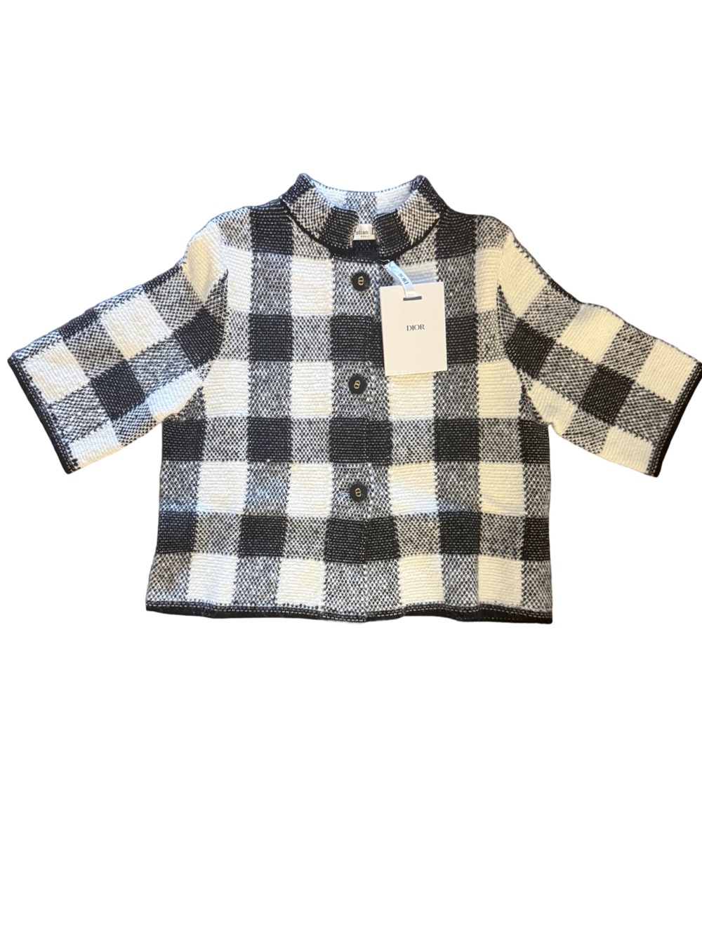Dior Black & Cream Plaid Checkered Cropped Wool Short Sleeve Jacket